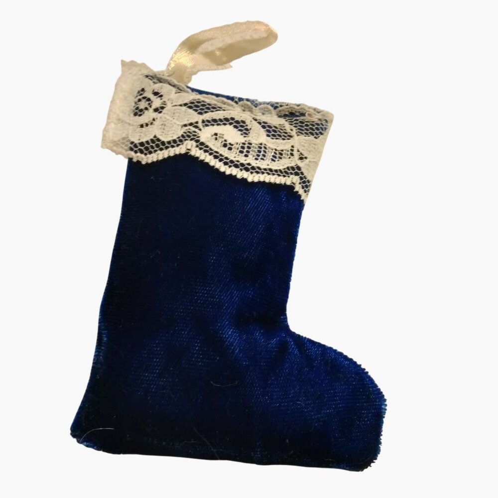 Victorian Blue Velvet Mini Christmas Stocking Ornament Lace Trim Ribbon